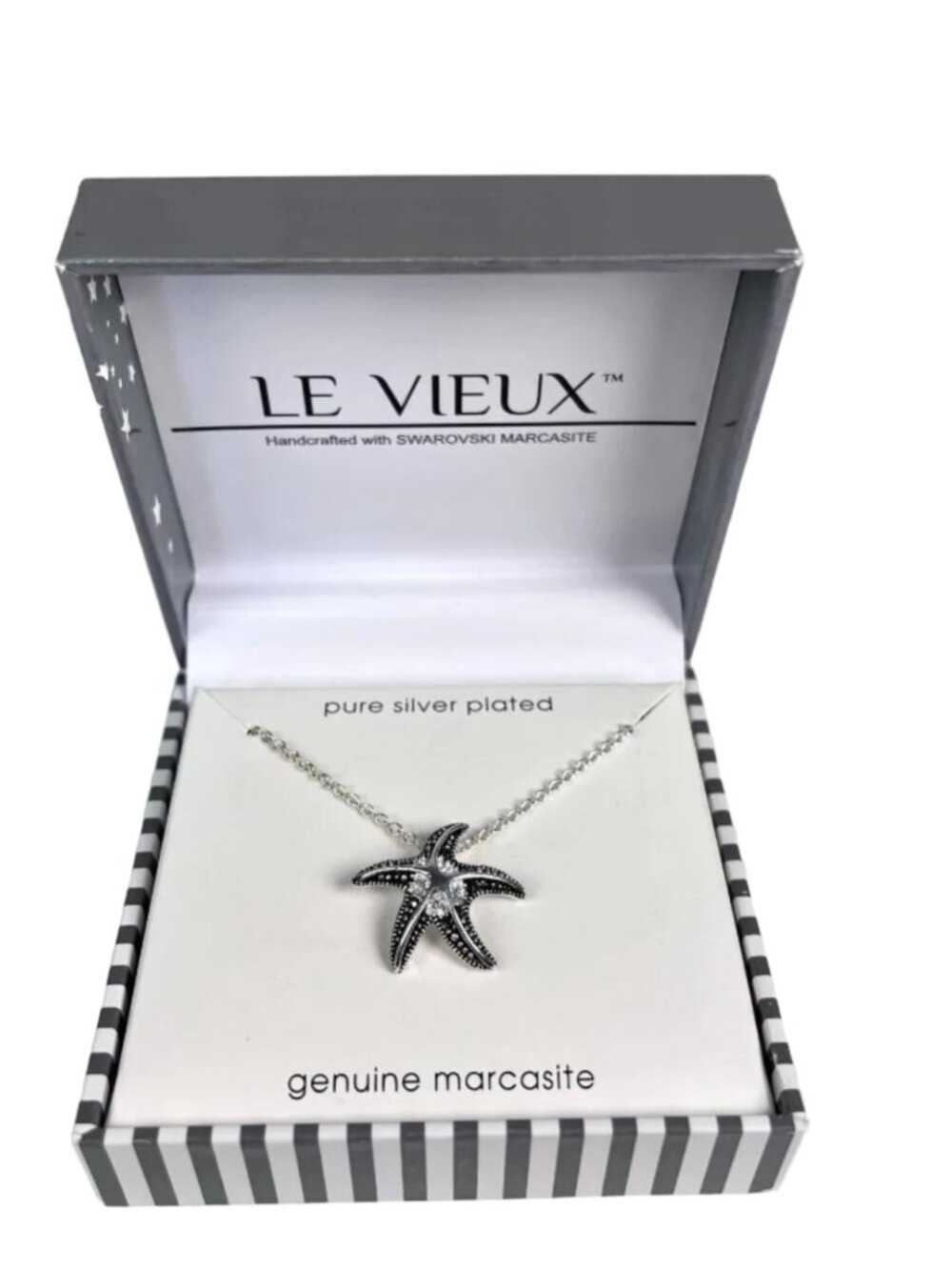 Swarovski Crystal Silver Plated Marcasite Starfish Necklace 18” Chain NIB